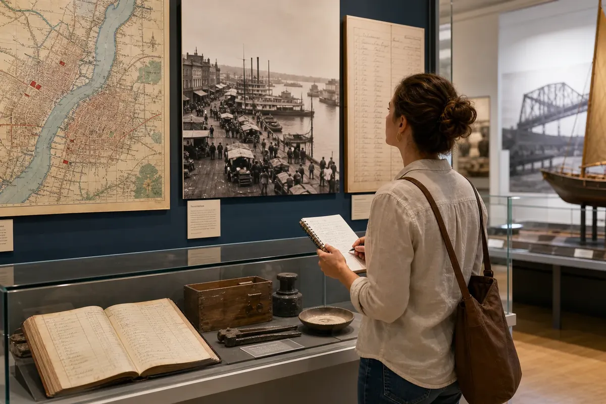 Woman with notebook observing historical maps, photographs, and artifacts in a museum exhibit