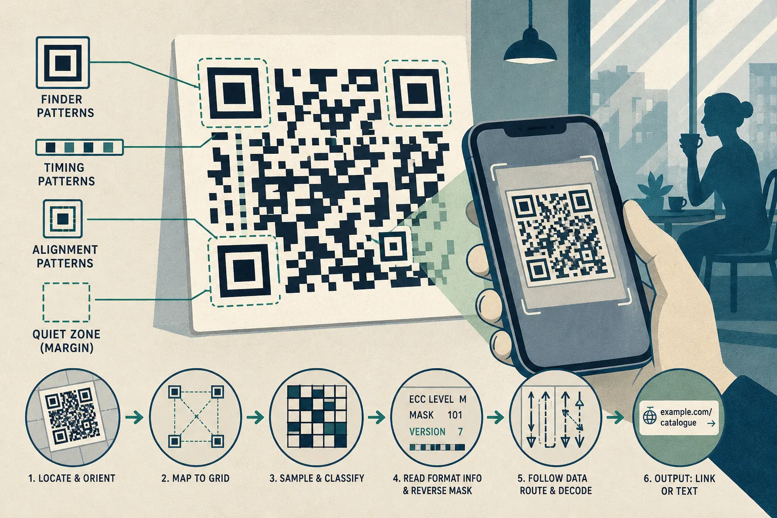 Annotated QR code with labeled parts and step-by-step instructions next to hand holding phone scanning code in a cafe setting
