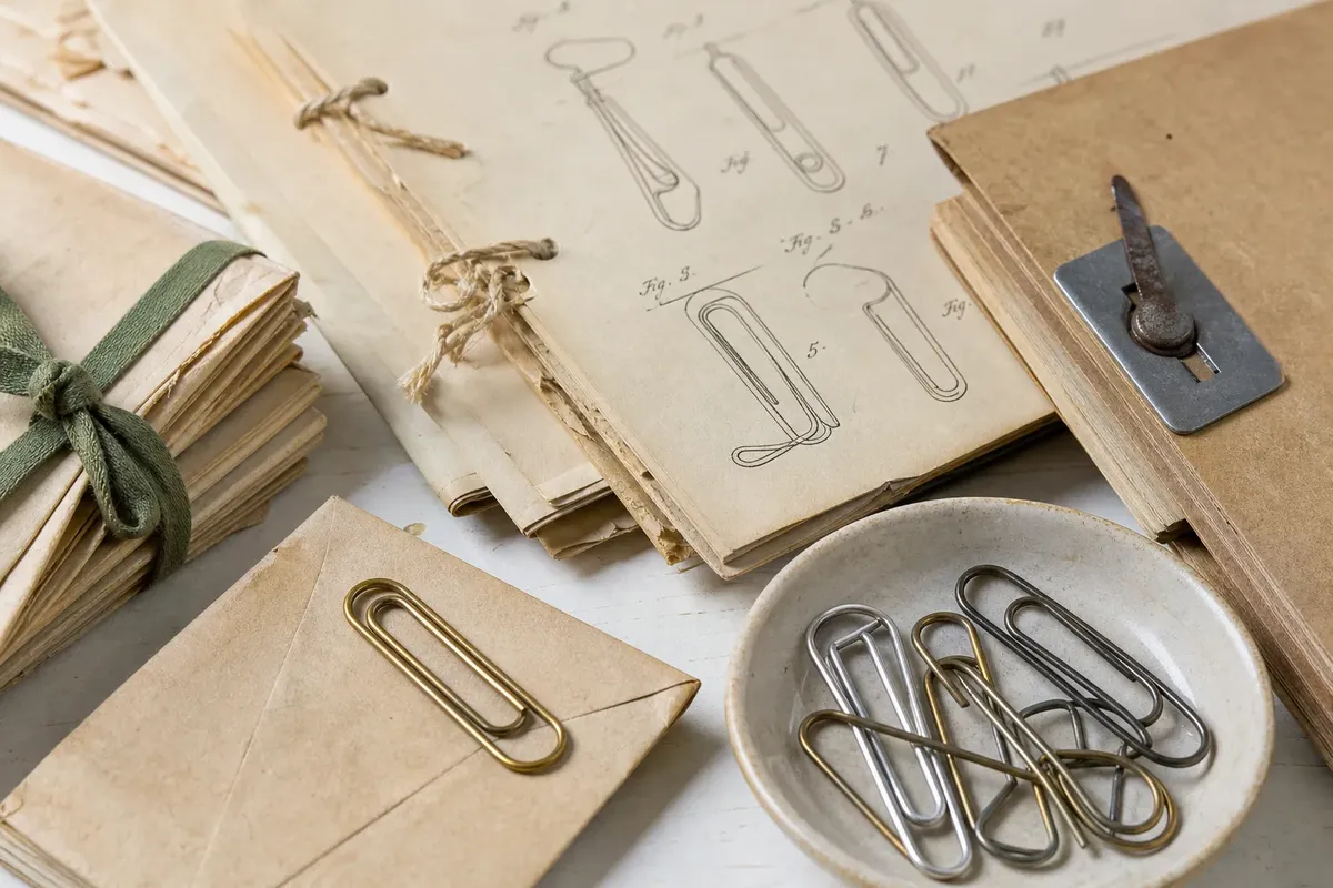 Antique papers, envelopes tied with string, and various vintage paperclips on a white surface