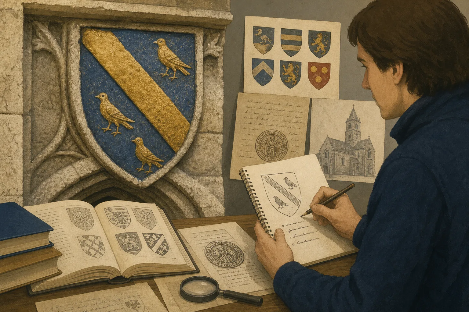 Person sketching a medieval coat of arms with three birds on shield near stone wall and historic documents