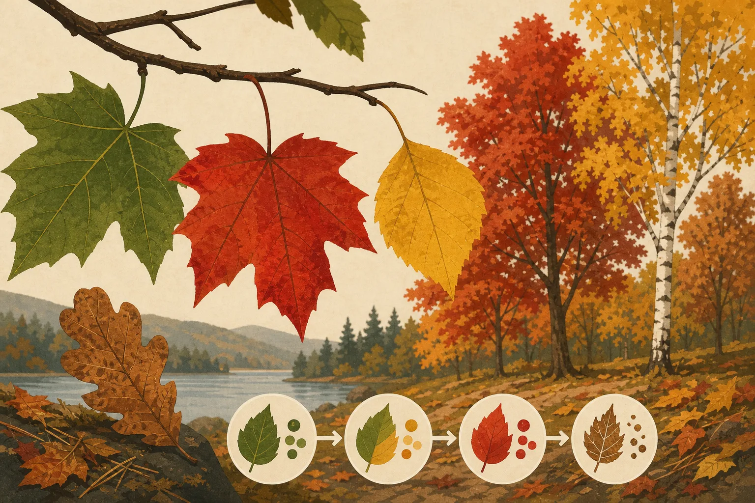 Various leaves in green, red, yellow, and brown hanging and lying by a lakeside autumn landscape with trees and hills