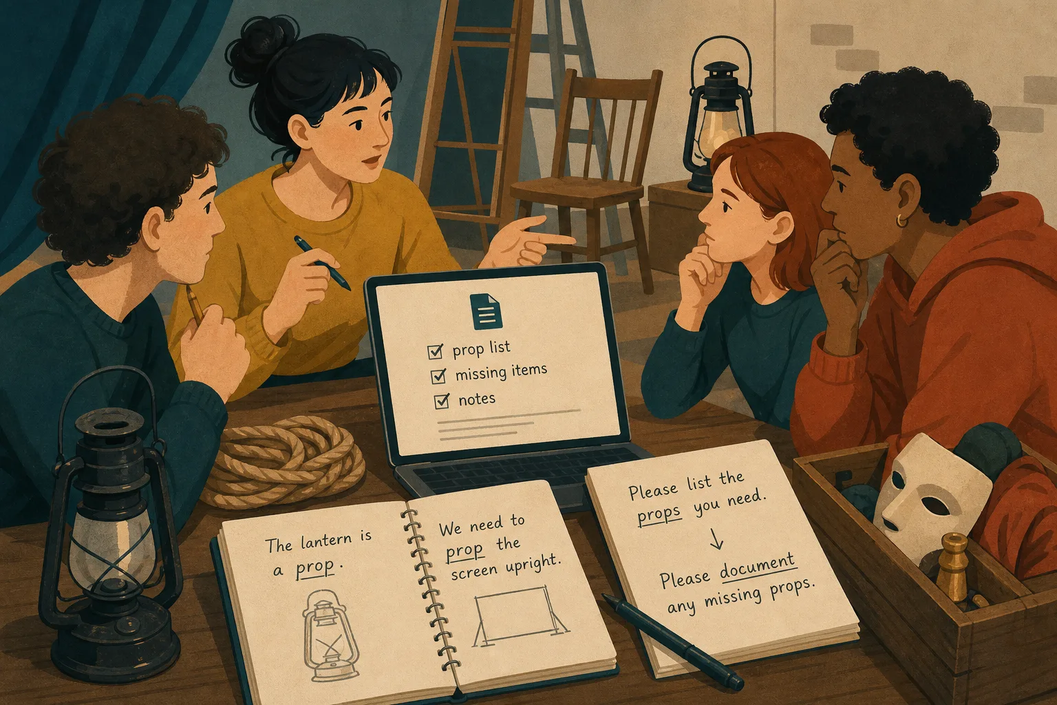 Four people sitting around a table with notebooks, a laptop, rope, mask, and lantern discussing prop lists with warm indoor lighting