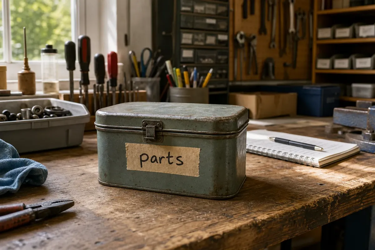 Rustic metal toolbox labeled parts on a wooden workbench surrounded by tools and workshop supplies