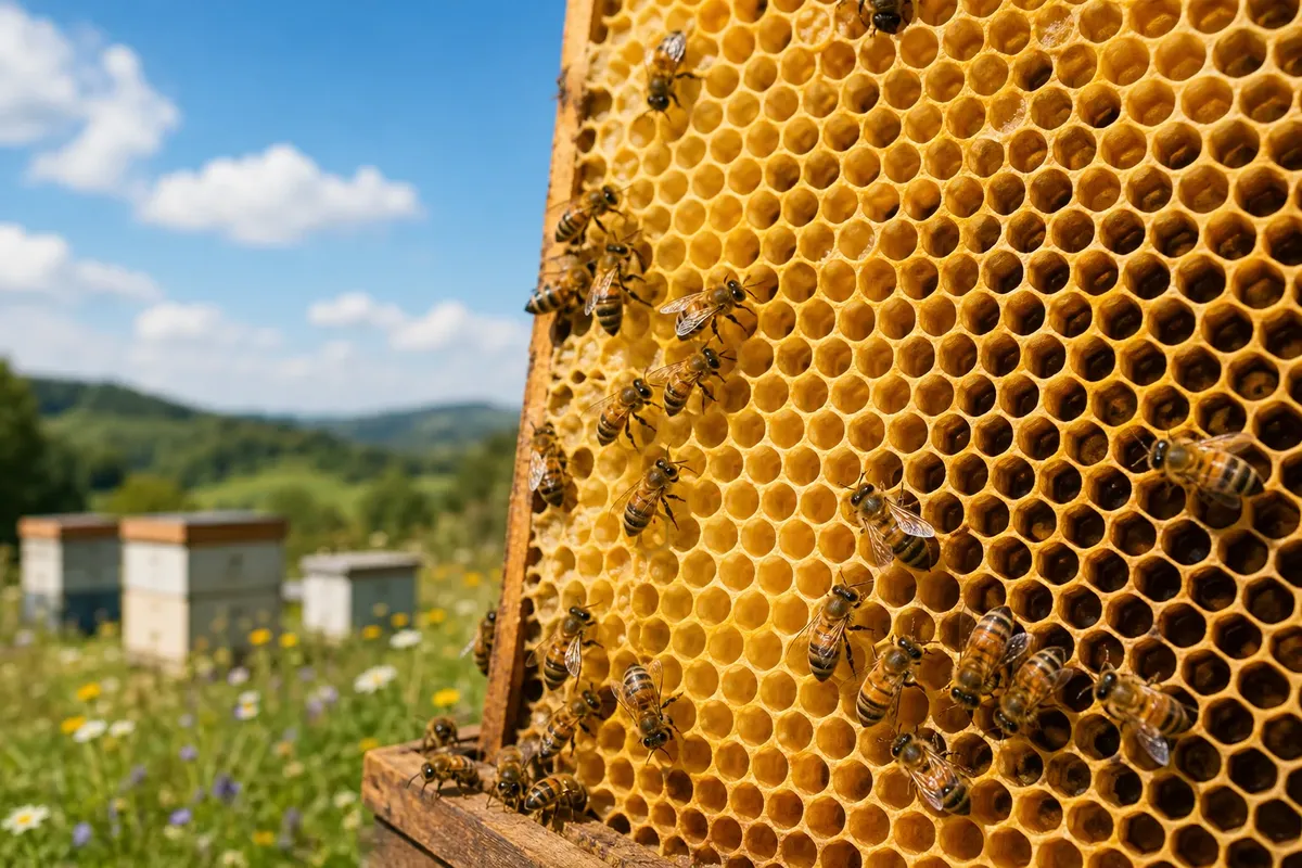 Bees crawling on a honeycomb frame with hexagonal cells in a sunny outdoor field
