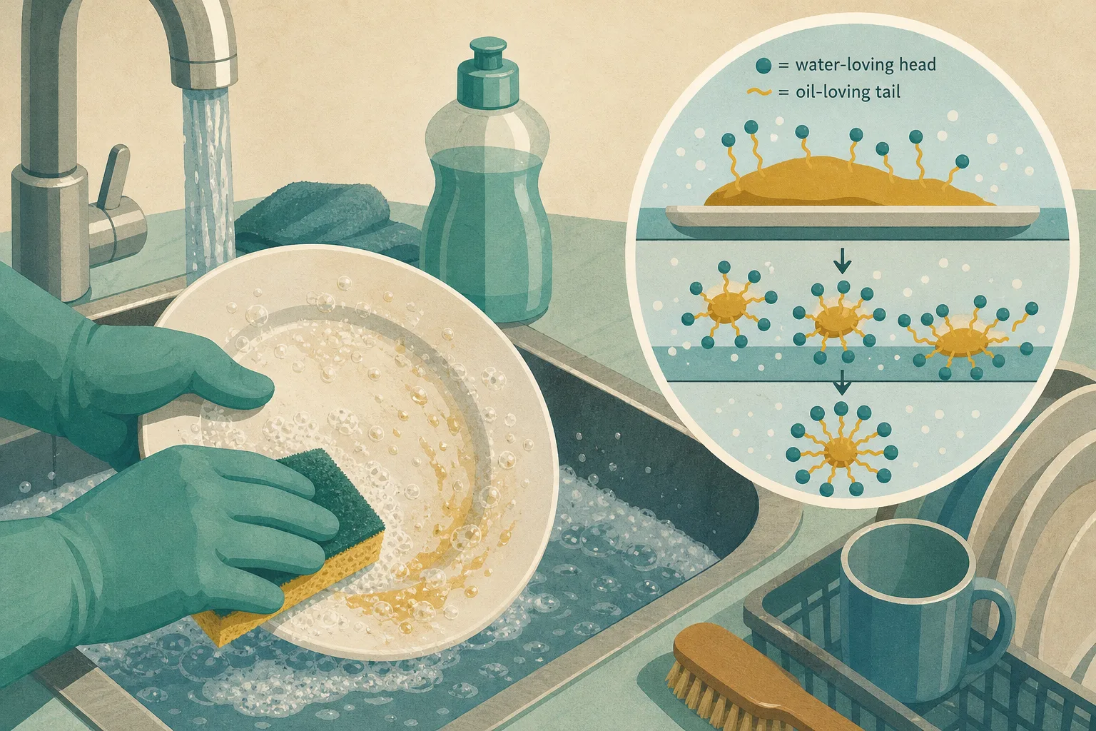 Person wearing green gloves washing a greasy plate with sponge under running water in a kitchen sink